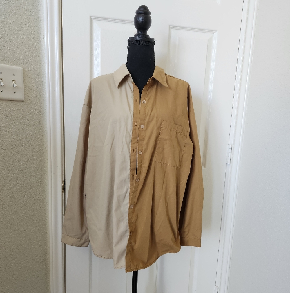 Sweet Rain Two-Tone Beige and Tan Button Down Shirt